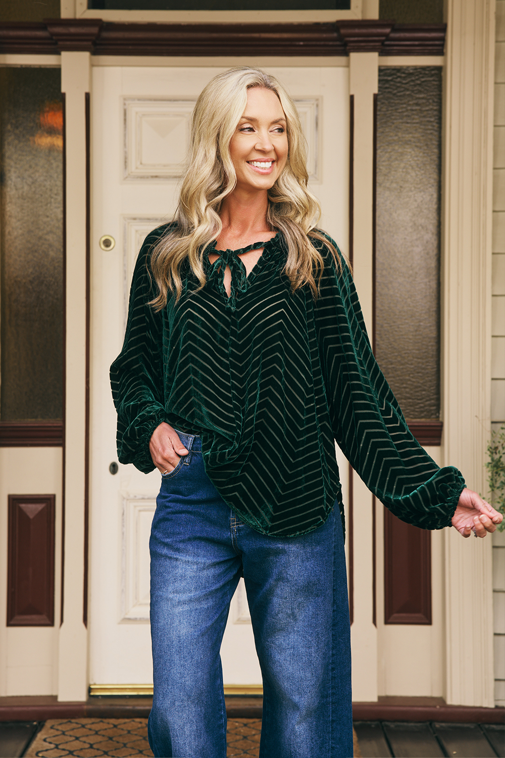 Emily Ruffle Collar Flocked Velvet Blouse